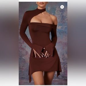 Oh Polly Katya Asymmetric High Neck Mini Dress in Brown